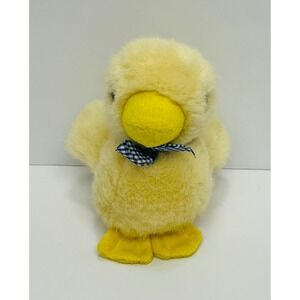 Vintage Heunec Yellow Duck 6" Blue Gingham Bow German Stuffed Animal Plush Toy